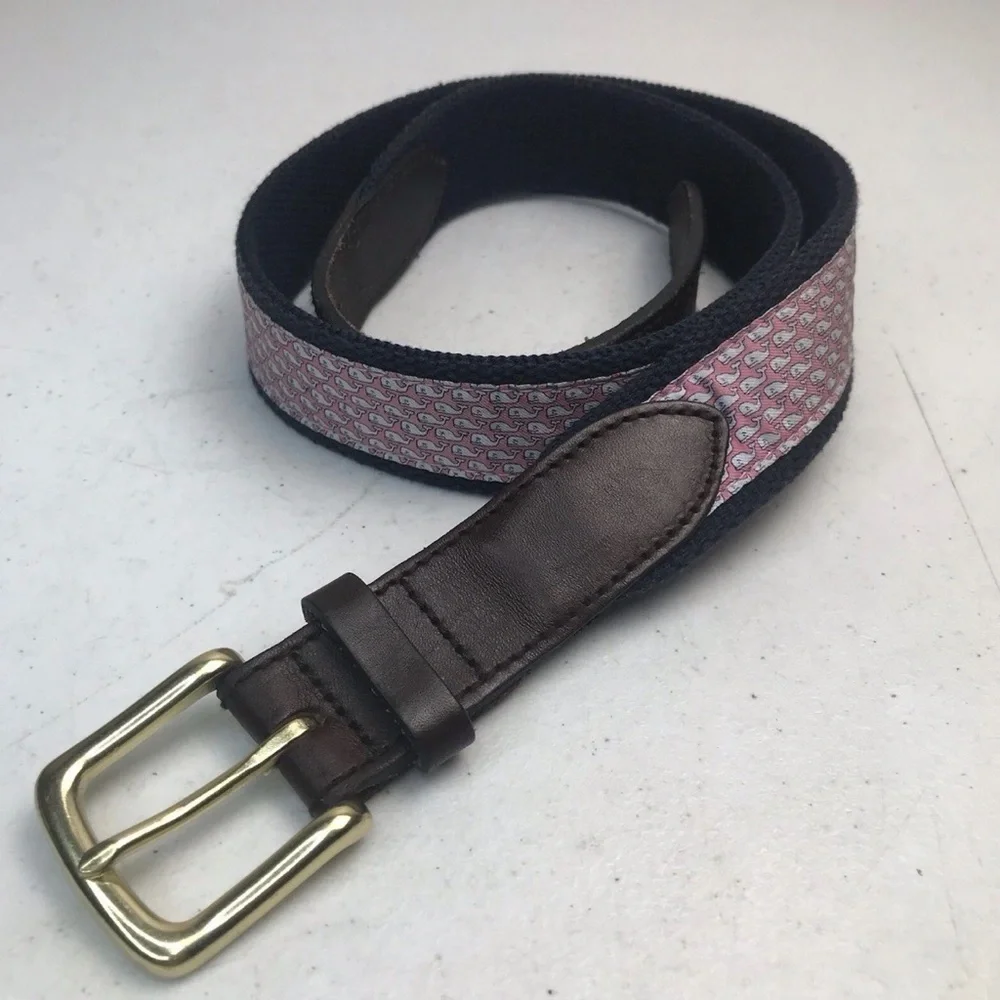 Vineyard Vines Canvas Club Belt Brown Leather Embossed Whale Pink Whale Sz 32